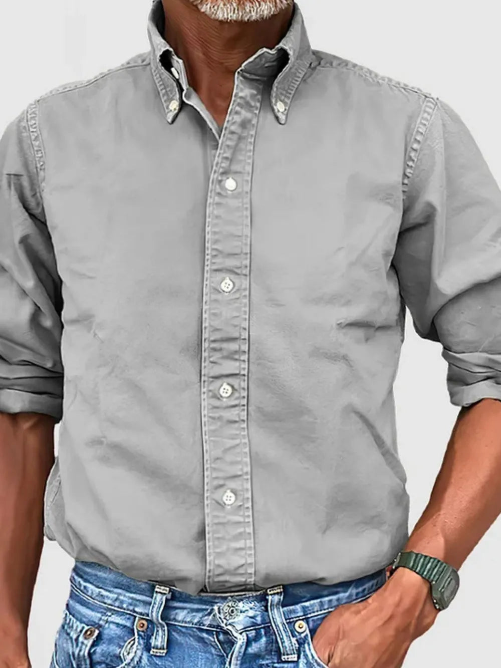 Gray Oxford button-down shirt with relaxed fit and button-down collar.