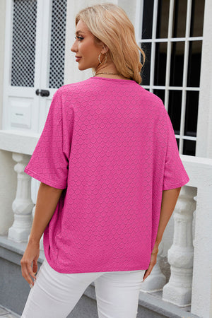 Hot Pink open-front crochet kimono sleeve top with allover circular pattern.