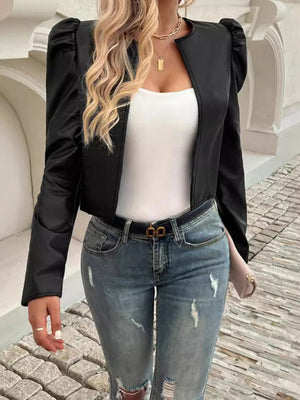 Black vegan leather bolero jacket with puffed shoulders and open front.