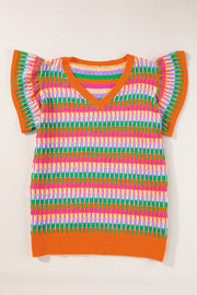 Geometric knit top in multicolor stripes with flutter sleeves and V-neck.