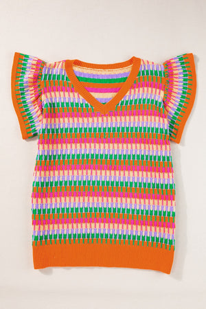 Geometric knit top in multicolor stripes with flutter sleeves and V-neck.