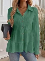 Green textured tiered button-down shirt with a crinkled fabric and collared neckline.