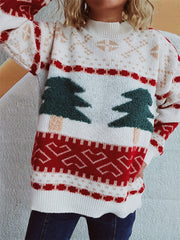 Festive appliqué tree knit sweater in beige and scarlet with Fair Isle pattern.