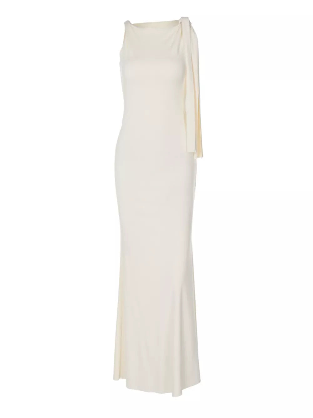 Apricot asymmetrical draped maxi dress with one shoulder and elegant neckline.