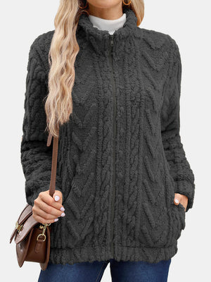 Textured chevron fleece zip jacket in dark gray with a stand-up collar and pockets.