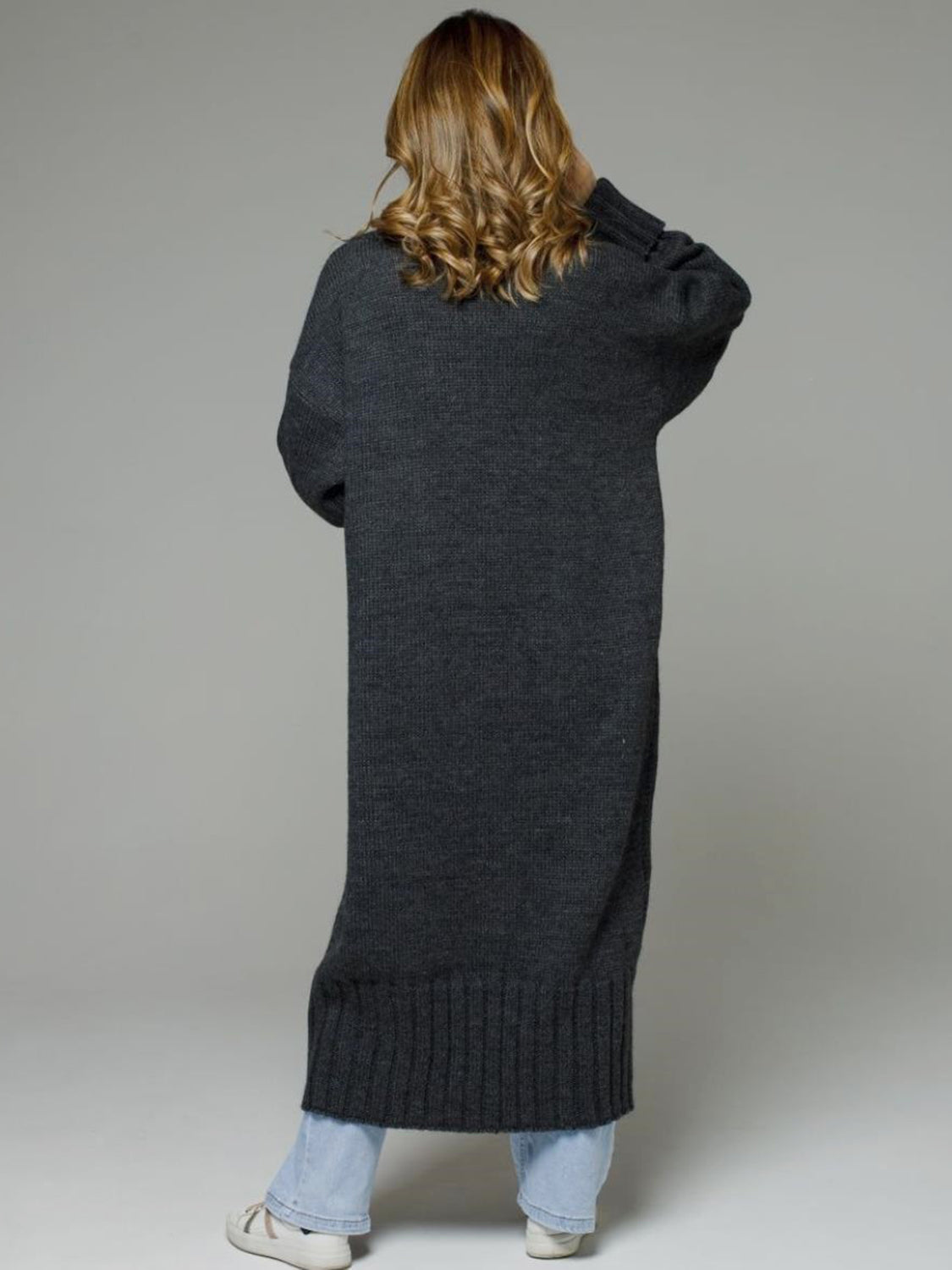 Dark gray oversized ribbed-trim maxi cardigan with long sleeves and a relaxed fit.