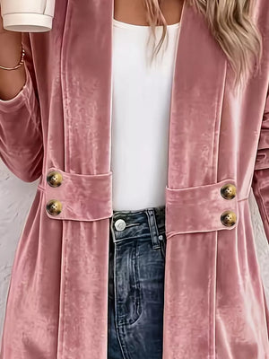 Elegant Velvet Open-front Cardigan in White, model styling view