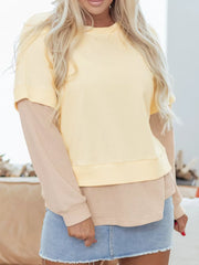 2 In 1 Faux Two Piece Patchwork Sweatshirt in Beige, close-up detail