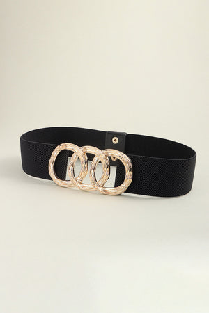 Black elastic belt with triple gold textured ring detail