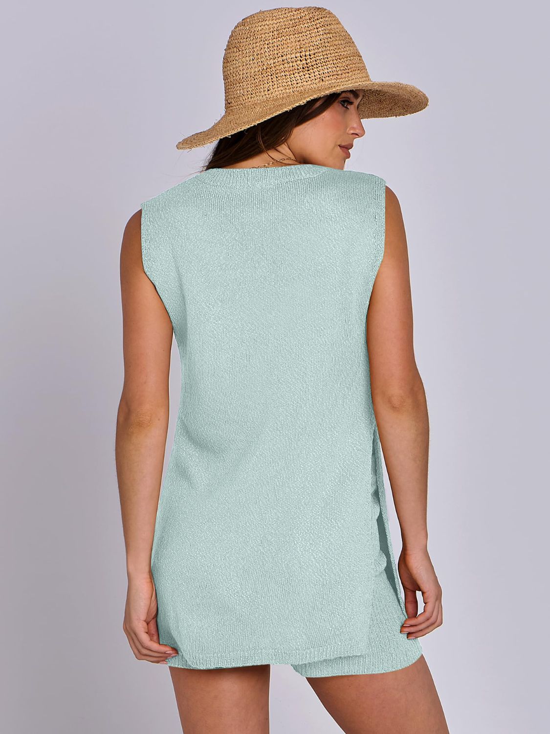 Textured knit tank set in Tiffany Blue with slit sides, paired with matching shorts.