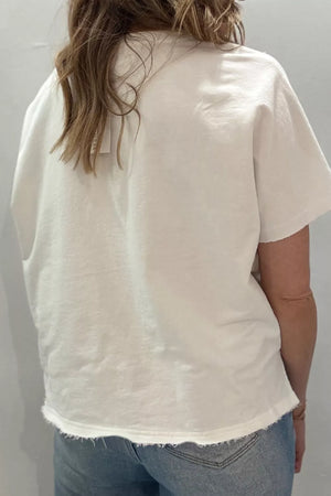 White cotton tee with frayed hem and short sleeves.