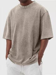 Men's oversized vintage wash crew neck tee in Khaki cotton.