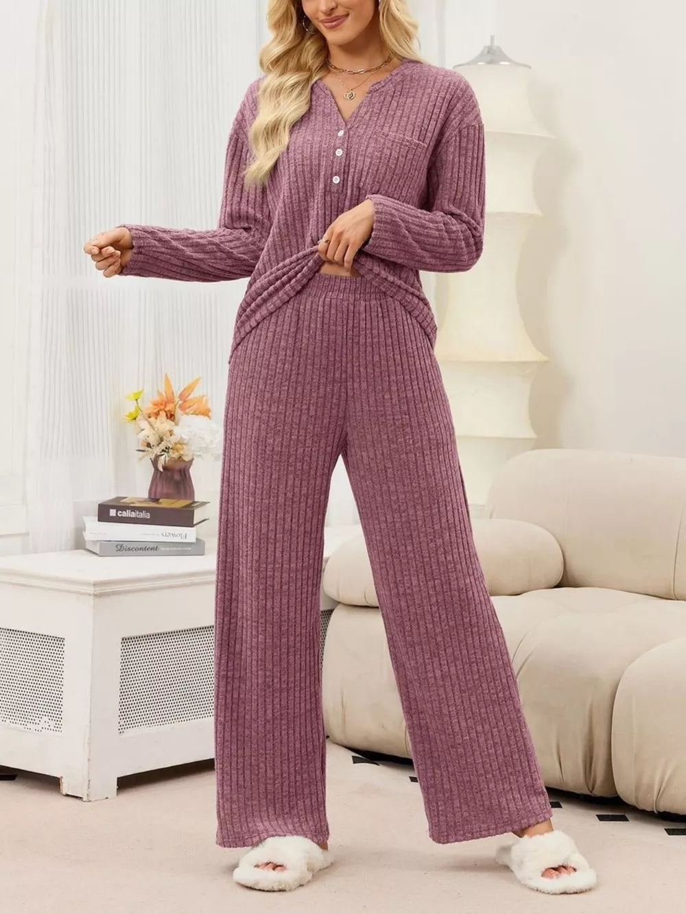 Red pajama set with hip-length, full-length and half-button, elastic