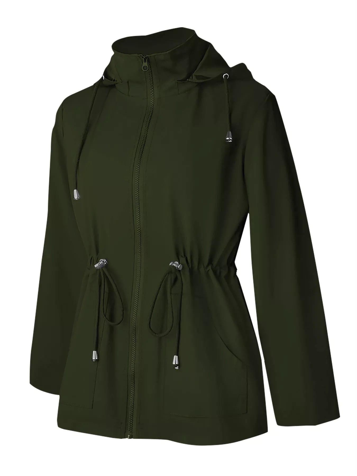 Waterproof hooded zip-up jacket in military green with drawstring waist and hood