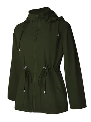 Waterproof hooded zip-up jacket in military green with drawstring waist and hood
