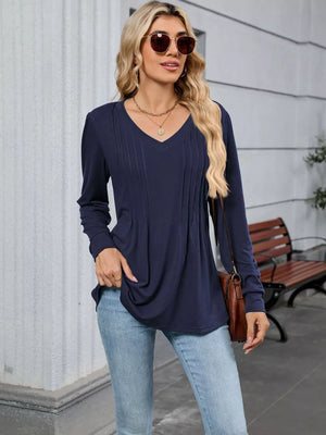 Navy blue V-neck long sleeve maternity t-shirt with subtle front pleats.