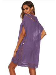 Purple kaftan cover-up with crochet trim detail on neckline, sleeves, and hem.