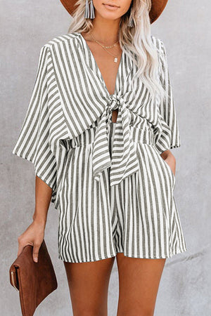 Striped tie-front kimono jumpsuit in dark gray with short sleeves and a V-neck.
