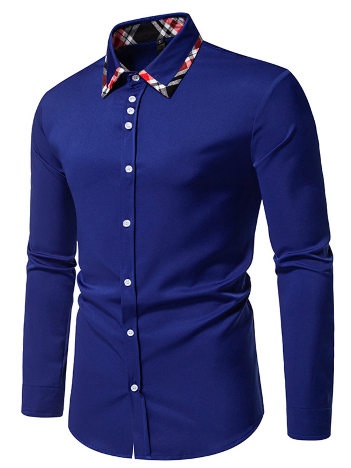 Men's blue slim fit cotton shirt with plaid collar trim and white buttons.