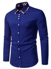 Men's blue slim fit cotton shirt with plaid collar trim and white buttons.