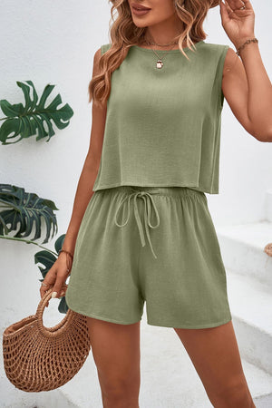 Sage green textured crop top and shorts set with adjustable drawstring shorts.