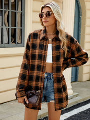 Ochre distressed plaid overshirt with relaxed fit, buttoned front, and frayed details.