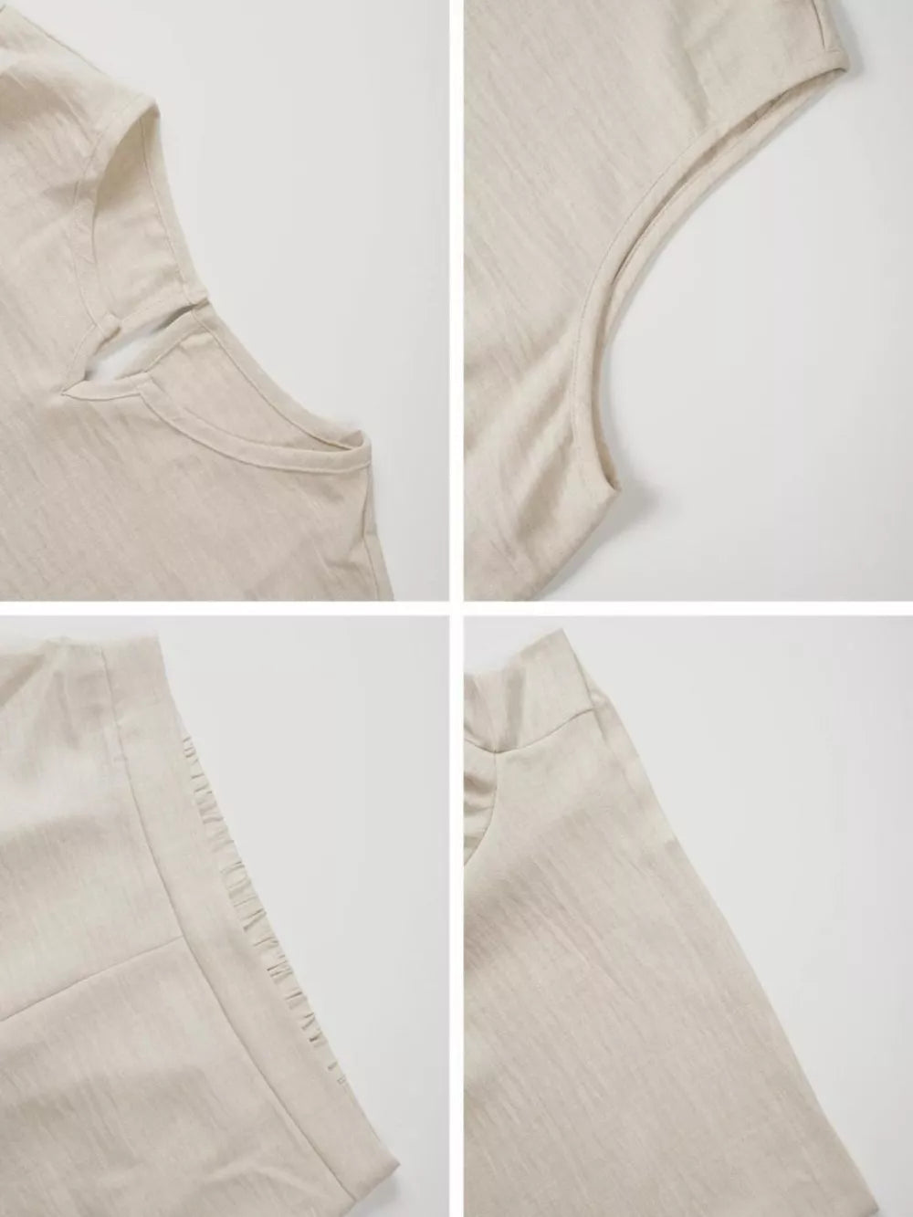 Textured beige two-piece set with V-notch top and detailed hem.