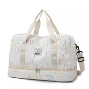 Textured off-white duffel bag with colorful wave pattern and dual zippered compartments.