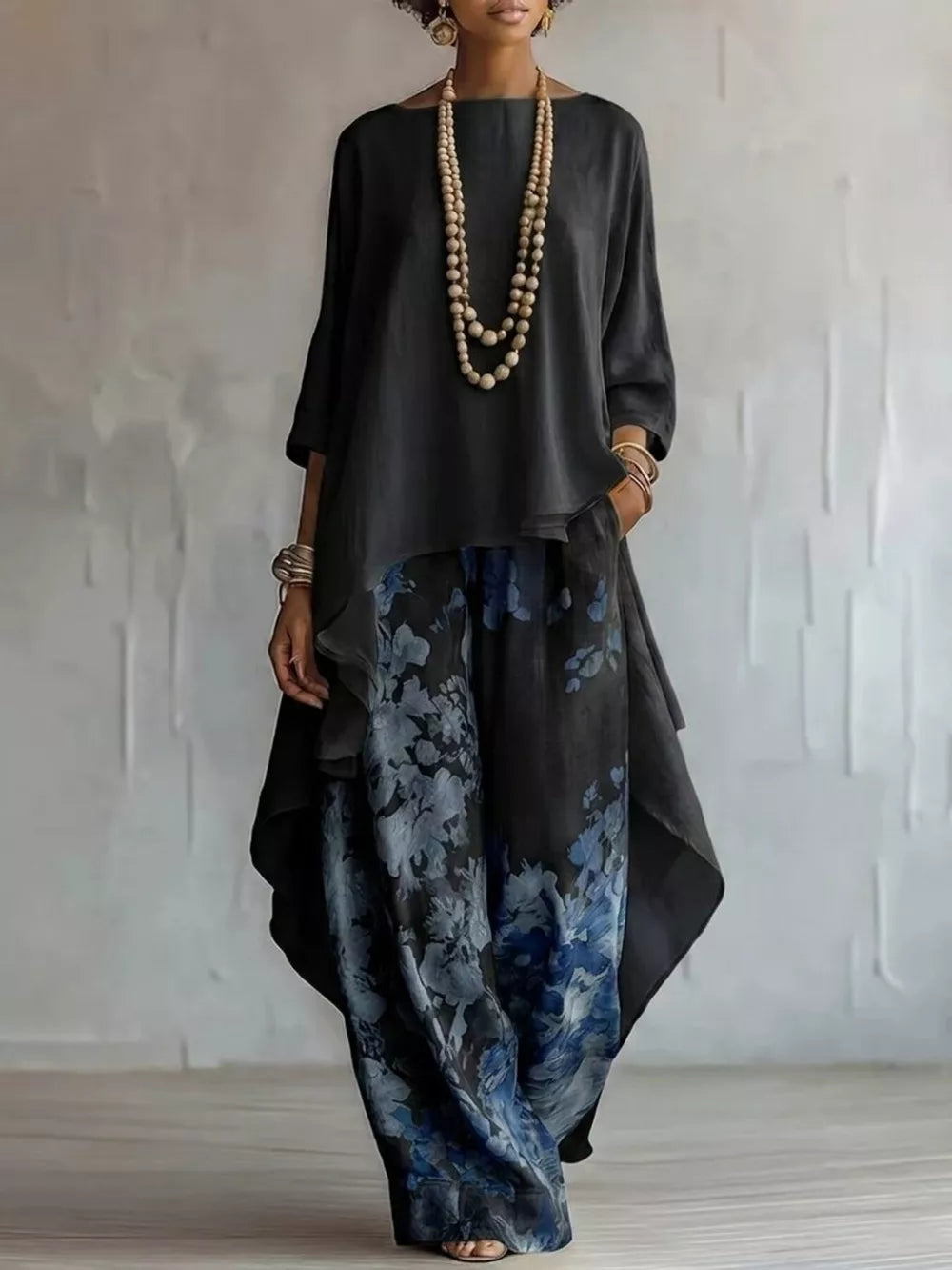 Asymmetrical Hem Top And Floral Pants Set, close-up detail