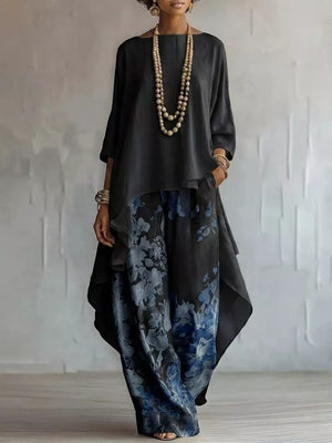 Asymmetrical Hem Top And Floral Pants Set, close-up detail