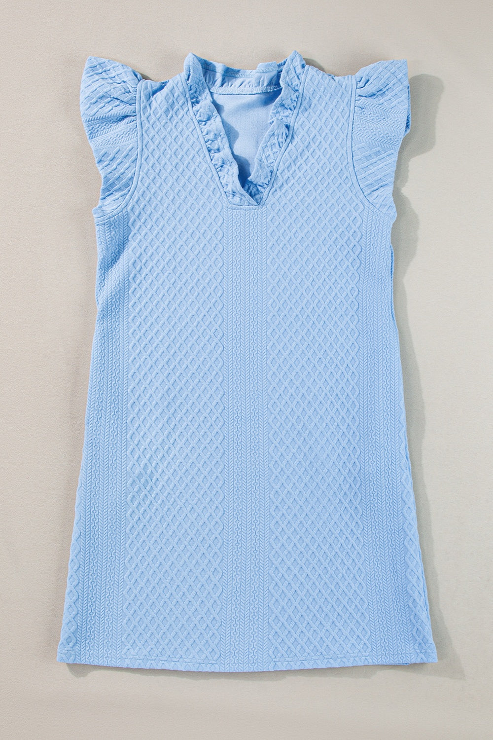 Light blue textured trapeze dress with ruffle sleeves and V-neckline