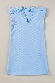 Light blue textured trapeze dress with ruffle sleeves and V-neckline