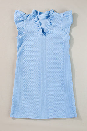 Light blue textured trapeze dress with ruffle sleeves and V-neckline