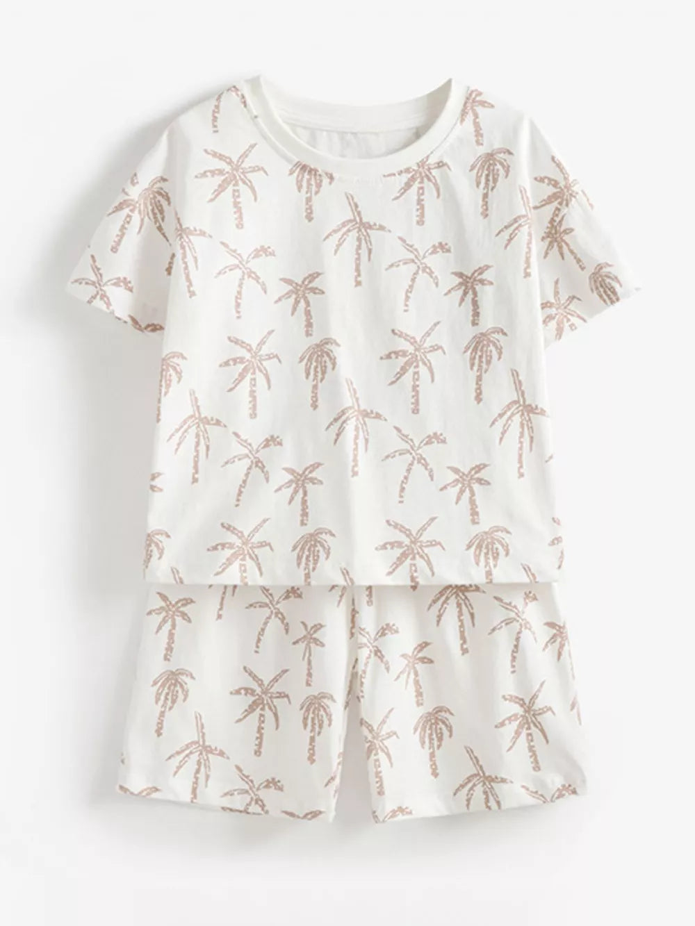 Toddler cotton blend palm print pajama set with short sleeves and shorts.