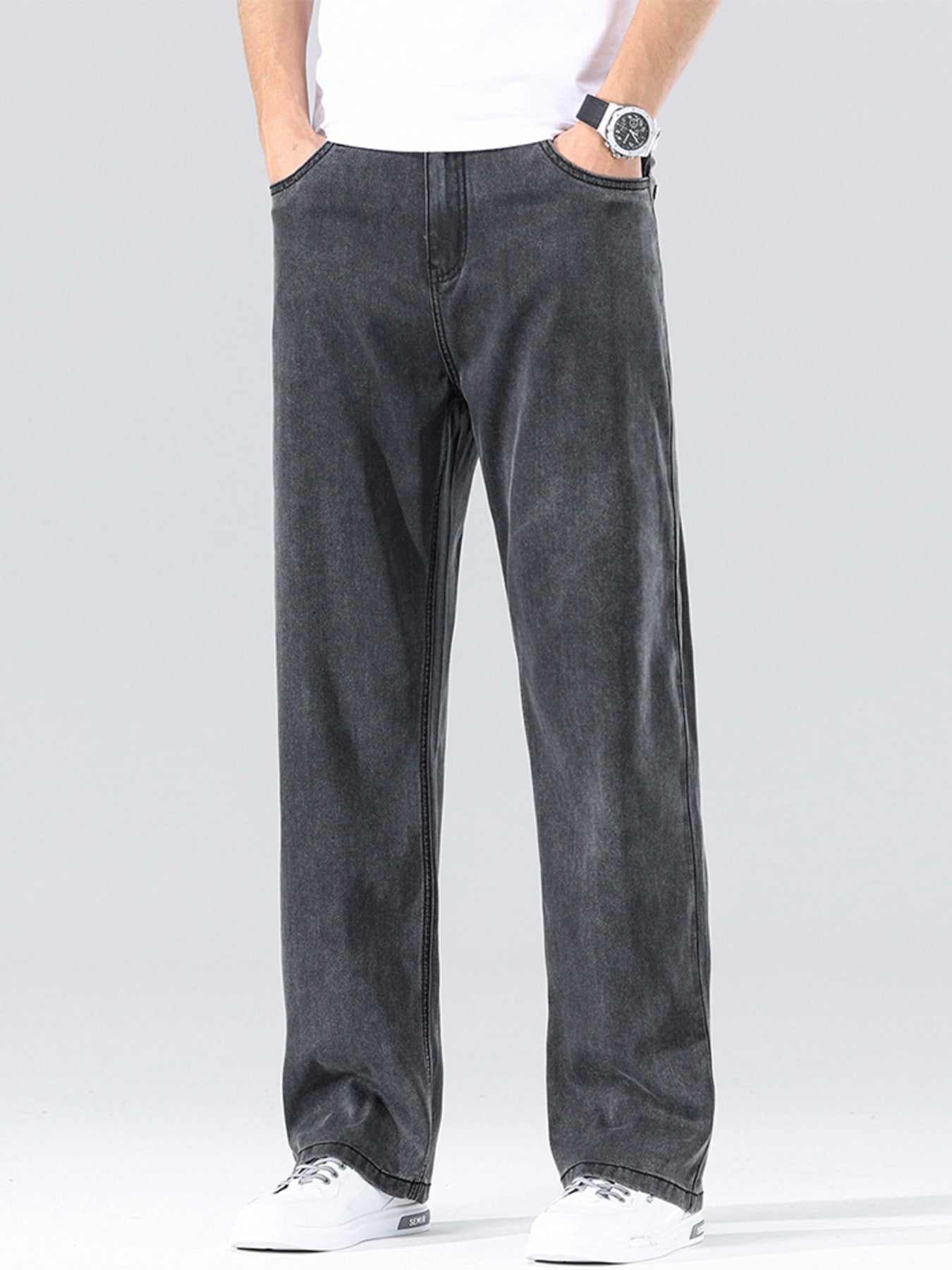 Men's Loose Fit Washed Jeans in Dark Gray, front view