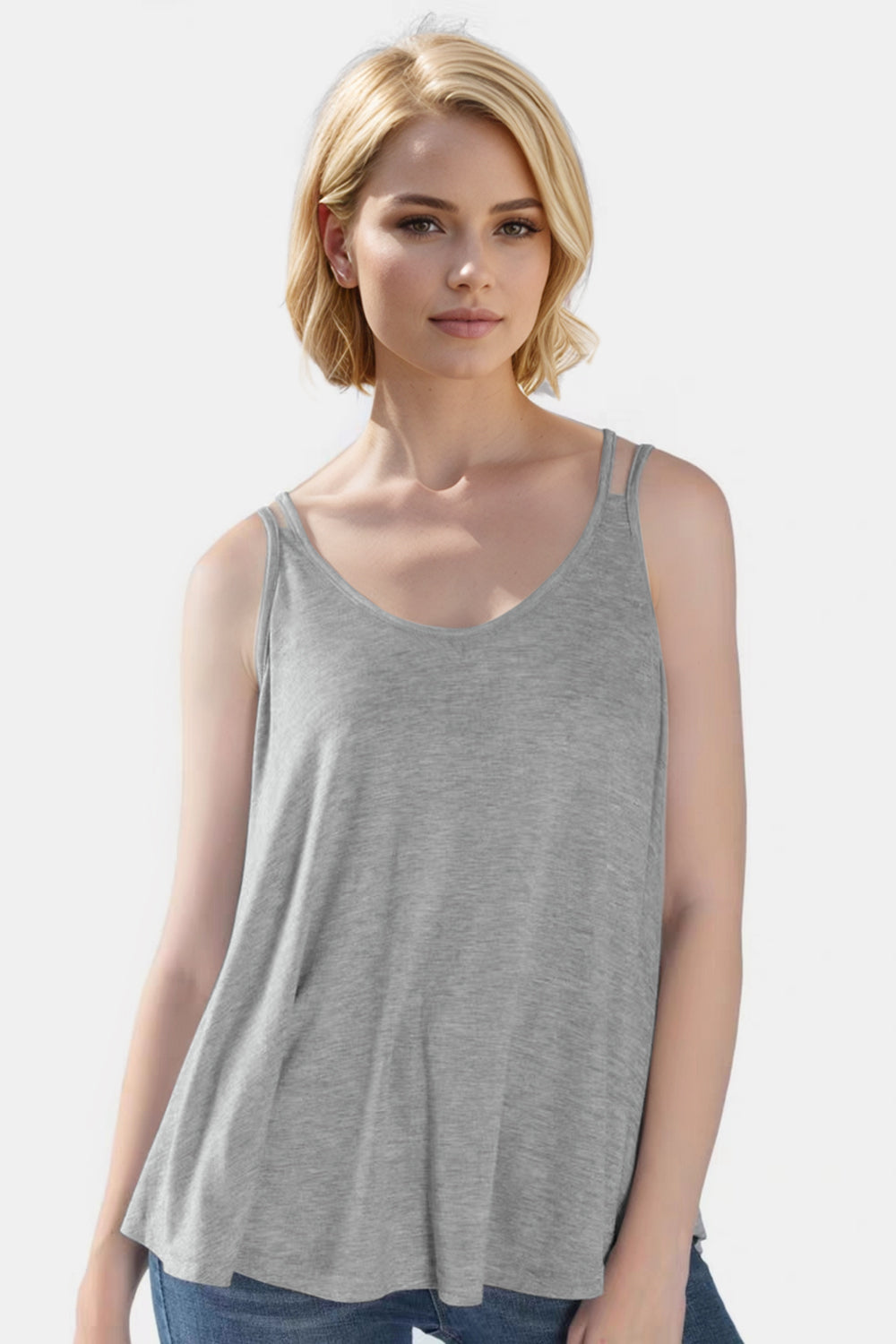 Gray trapeze cami with double straps and a V-neck.
