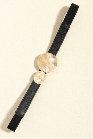 Black elastic waist belt with textured gold disc detail