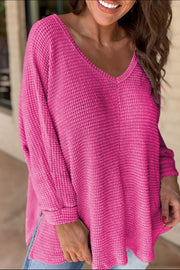 Hot Pink waffle knit V-neck long sleeve top with slit hem