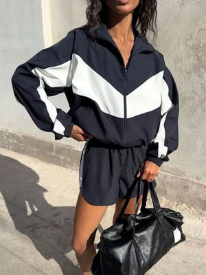 Color Block Zip Up Outerwear And Shorts Set in Green, fabric detail