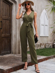 Sleeveless army green wrap-front wide-leg jumpsuit with tie waist detail.