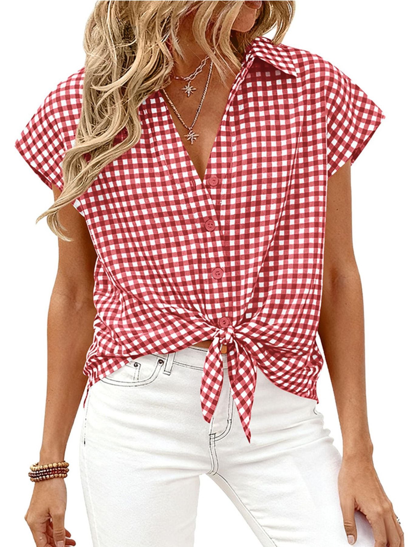 Red gingham print button-down shirt with short sleeves and a tie front detail.