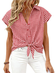 Red gingham print button-down shirt with short sleeves and a tie front detail.