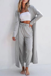 Gray duster cardigan and drawstring jogger pants set, soft loungewear for women.