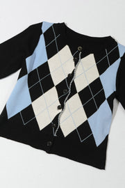 Argyle knit cropped cardigan in black, white, and light blue with button front.