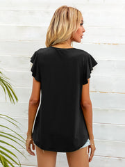 Black A-line tee with ruffled short sleeves and a scoop neckline.