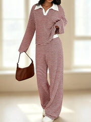 Striped Long Sleeve Polo And Wide-leg Pants Set in Green, close-up detail