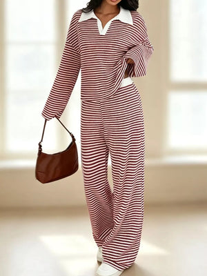 Striped Long Sleeve Polo And Wide-leg Pants Set in Green, close-up detail