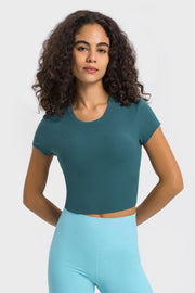 Teal ribbed crewneck crop top with short sleeves