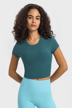 Teal ribbed crewneck crop top with short sleeves