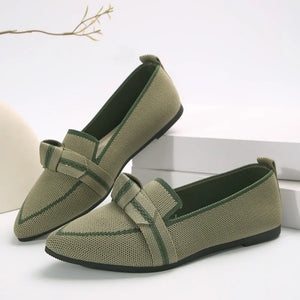 Olive knit bow loafers with pointed toe and contrast trim.
